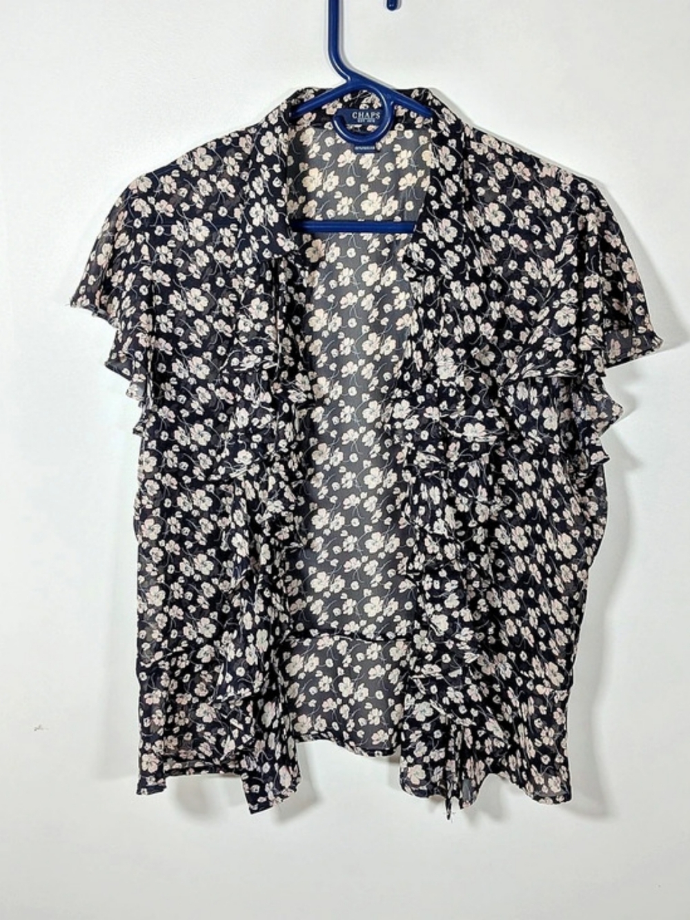 Chaps Floral Ruffle Sleeve Blouse in Black & Pink Size XL